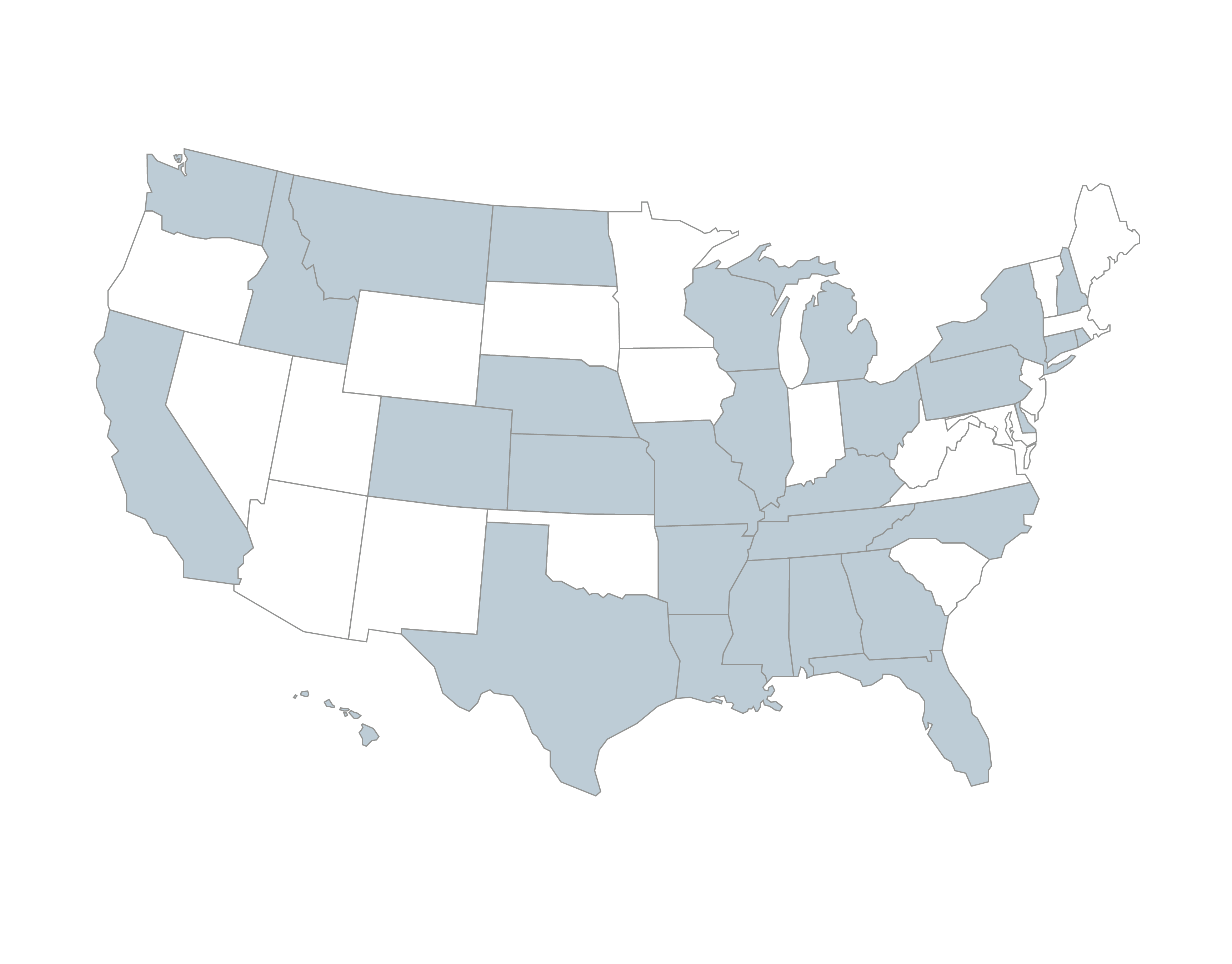 Map of United States with locations highlighted